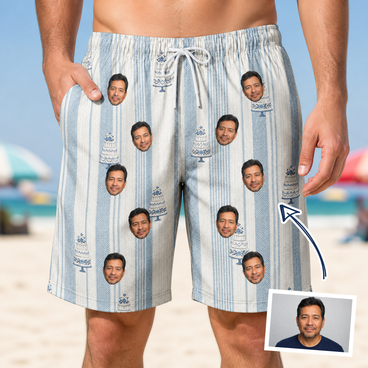 Man wearing Men's Buttercream Boardwalk Custom Face Beach Shorts — custom faces printed all-over