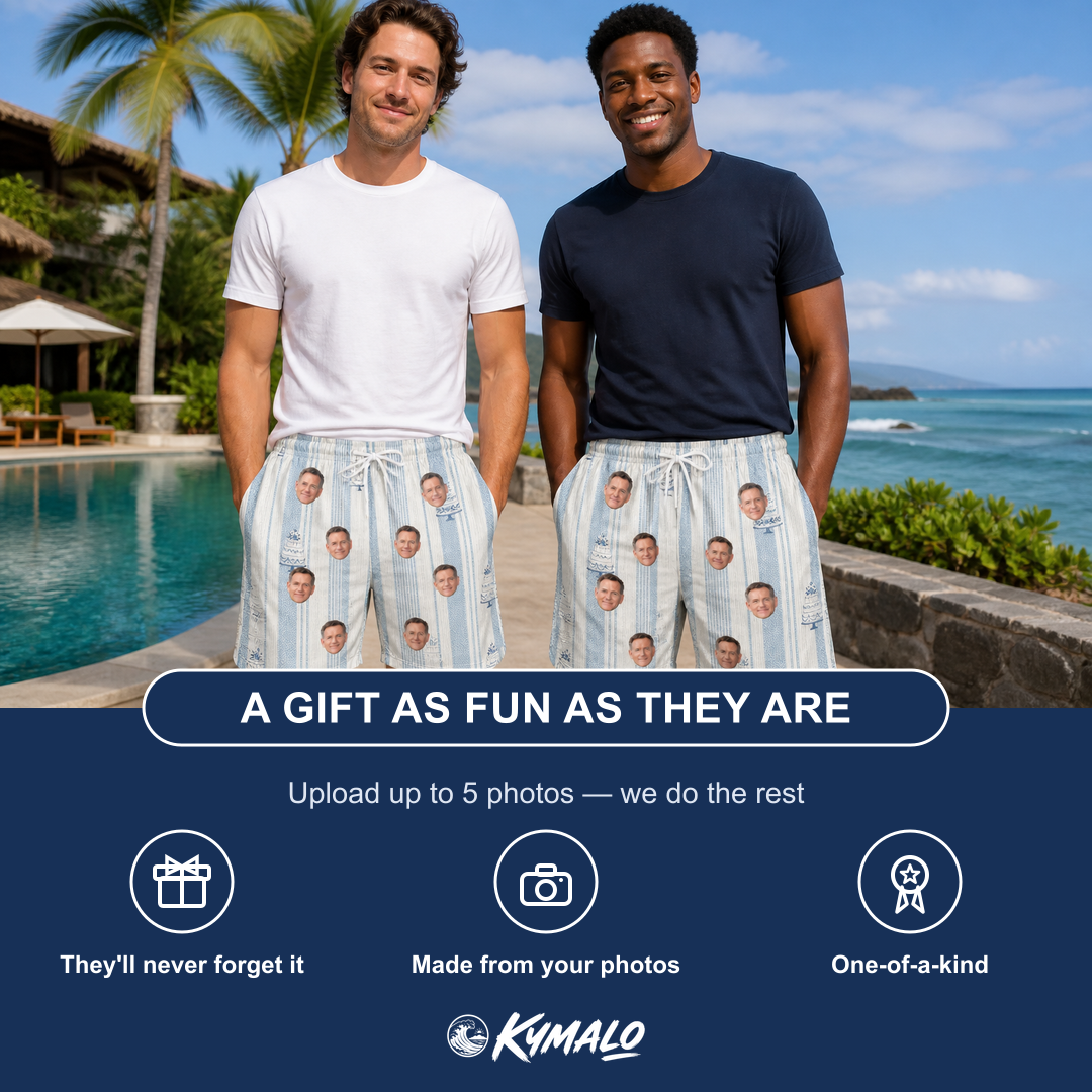 Friends in matching Men's Buttercream Boardwalk Custom Face Beach Shorts — a group gift photo