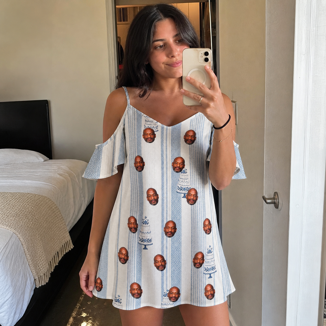 Real-life photo of someone wearing Women's Buttercream Boardwalk Custom Face Off-Shoulder Dress — custom faces printed all-over