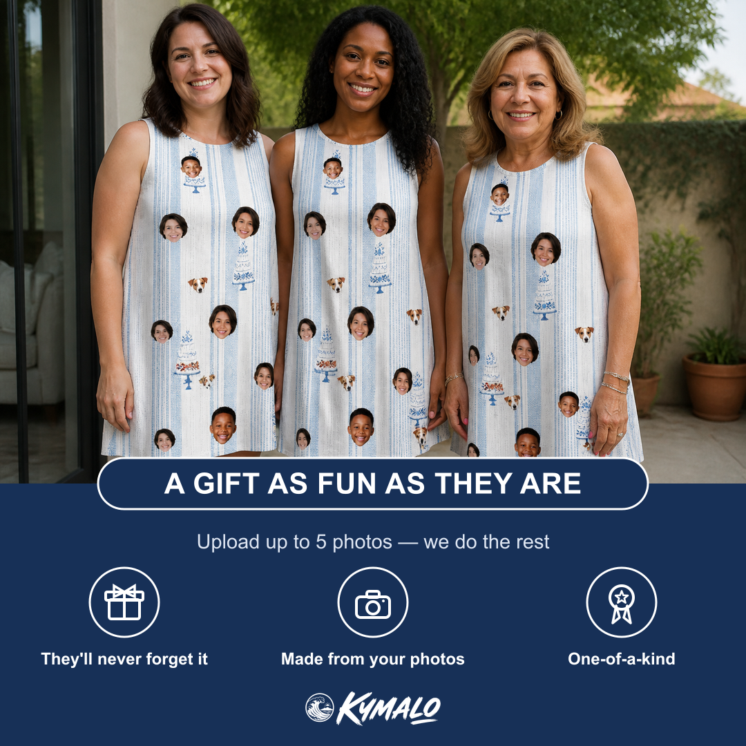 Friends in matching Women's Buttercream Boardwalk Custom Face Tank Dress — a group gift photo
