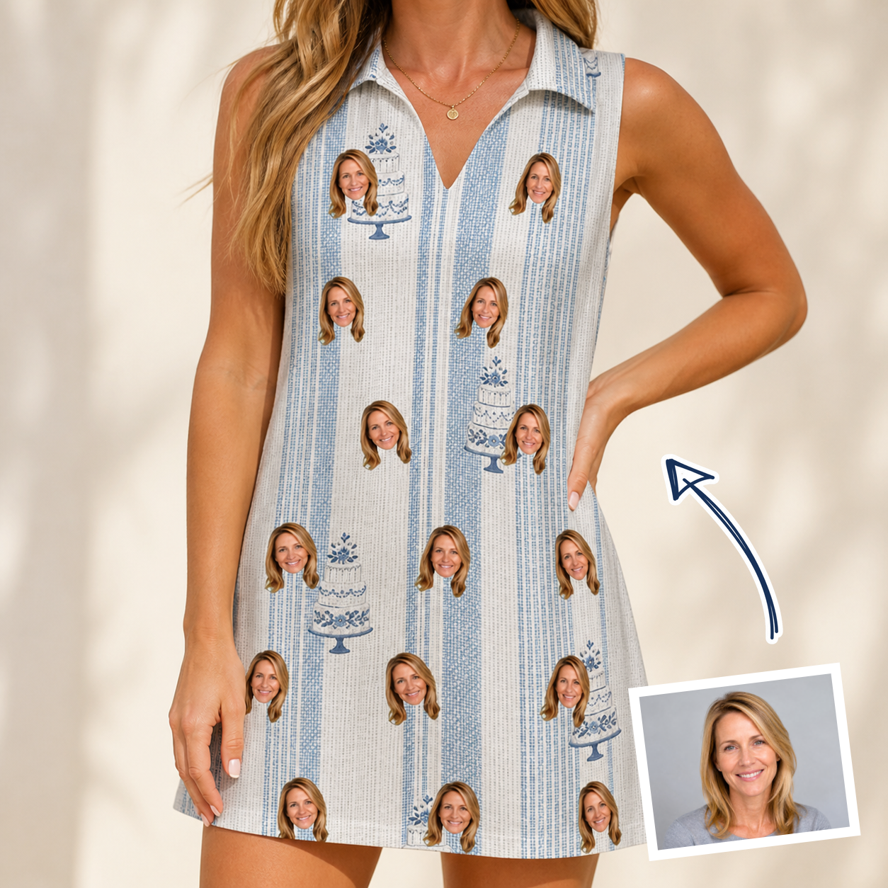 Woman wearing Women's Buttercream Boardwalk Custom Face V-Neck Dress — custom faces printed all-over