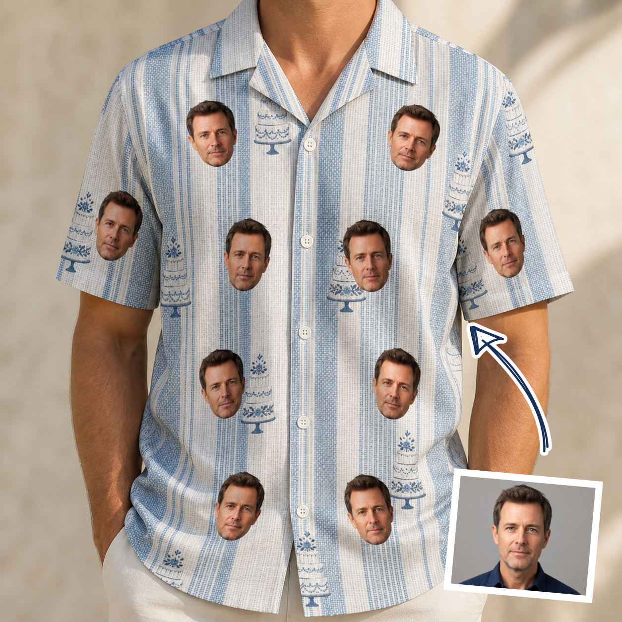 Man wearing Men's Buttercream Boardwalk Custom Face Hawaiian Shirt — custom faces printed all-over