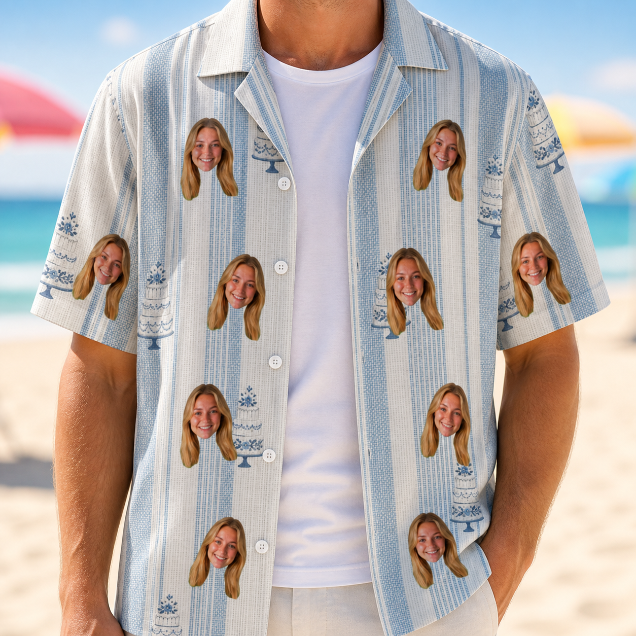 Man wearing Men's Buttercream Boardwalk Custom Face Hawaiian Shirt open over a white tee