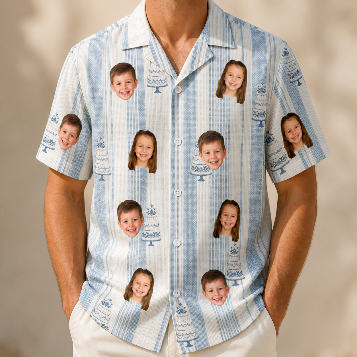 Model wearing Men's Buttercream Boardwalk Custom Face Hawaiian Shirt printed with kids' faces