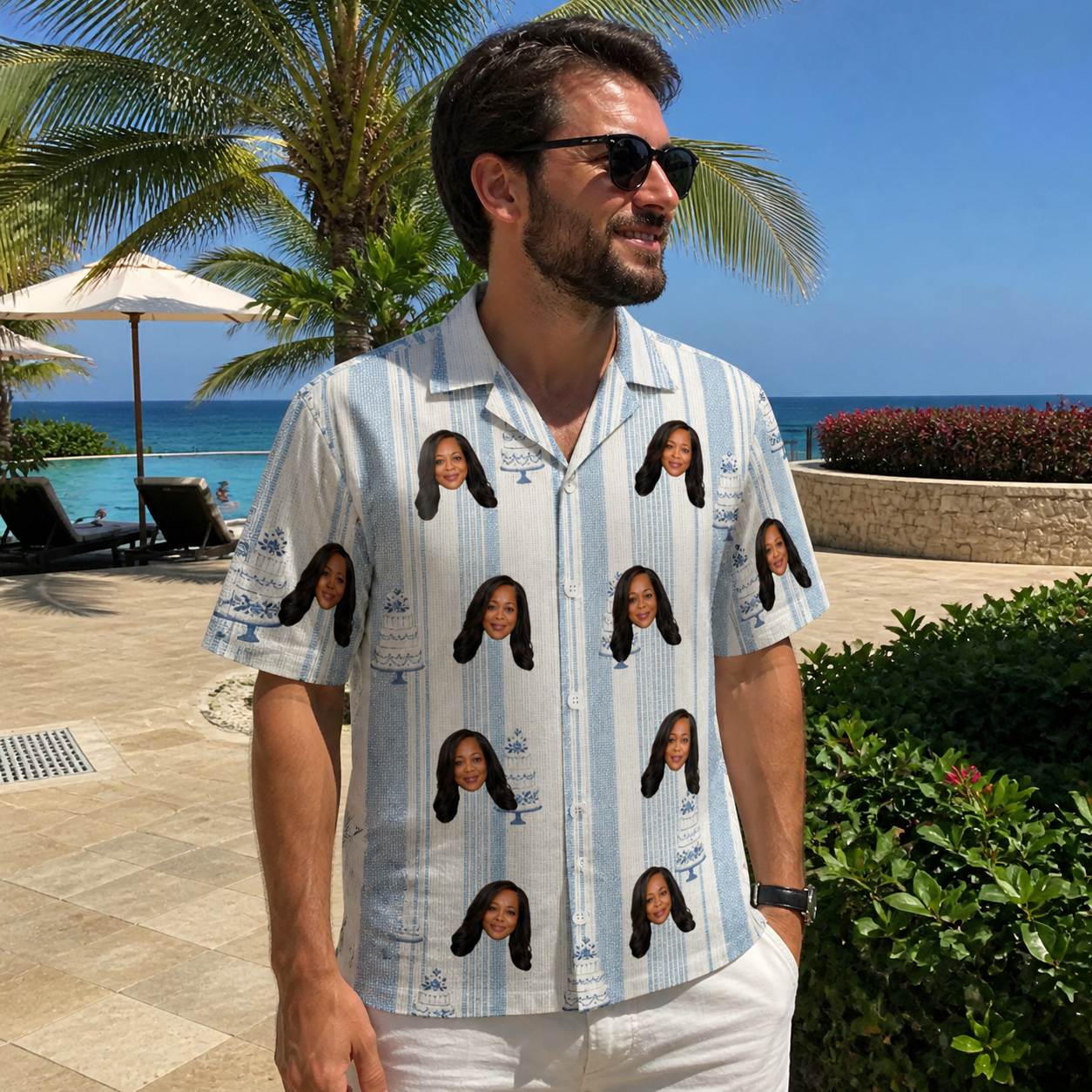 Real-life photo of someone wearing Men's Buttercream Boardwalk Custom Face Hawaiian Shirt — custom faces printed all-over