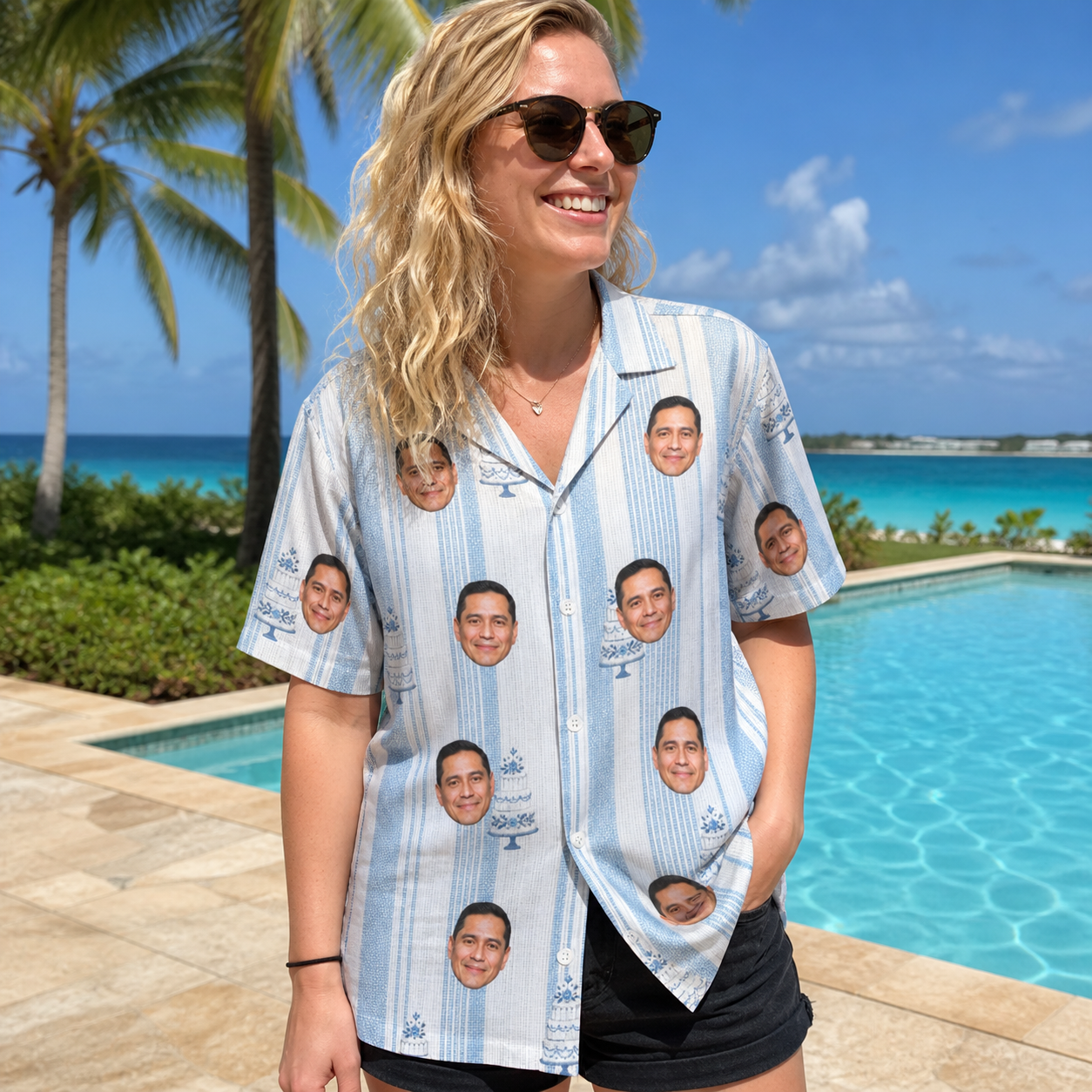 Real-life photo of someone wearing Women's Buttercream Boardwalk Custom Face Hawaiian Shirt — custom faces printed all-over