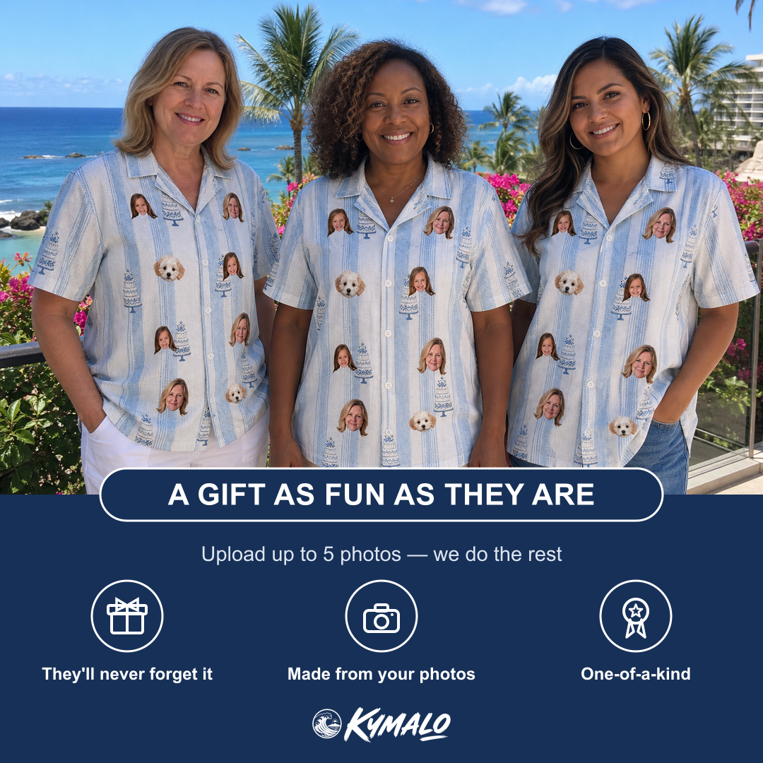 Friends in matching Women's Buttercream Boardwalk Custom Face Hawaiian Shirt — a group gift photo