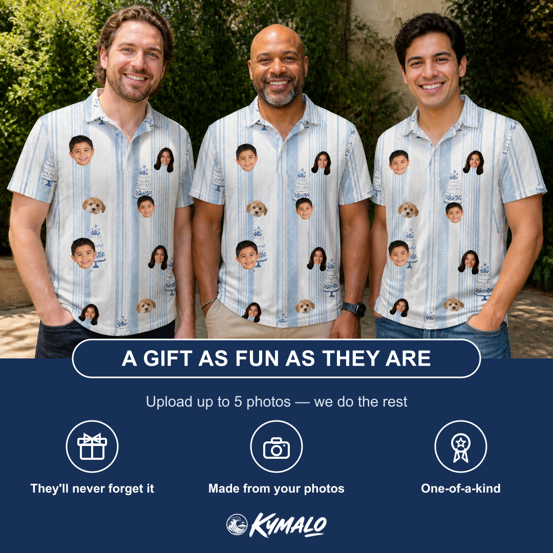Friends in matching Men's Buttercream Boardwalk Custom Face Polo Shirt — a group gift photo