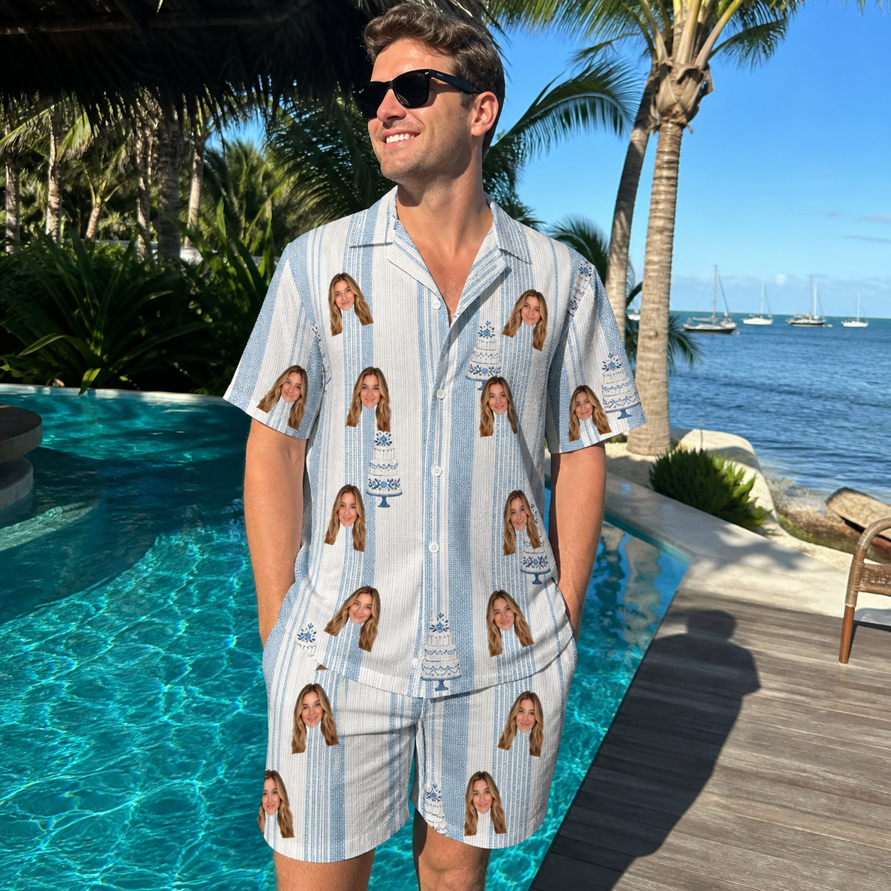 Real-life photo of someone wearing Men's Buttercream Boardwalk Custom Face Shirt & Shorts Set — custom faces printed all-over