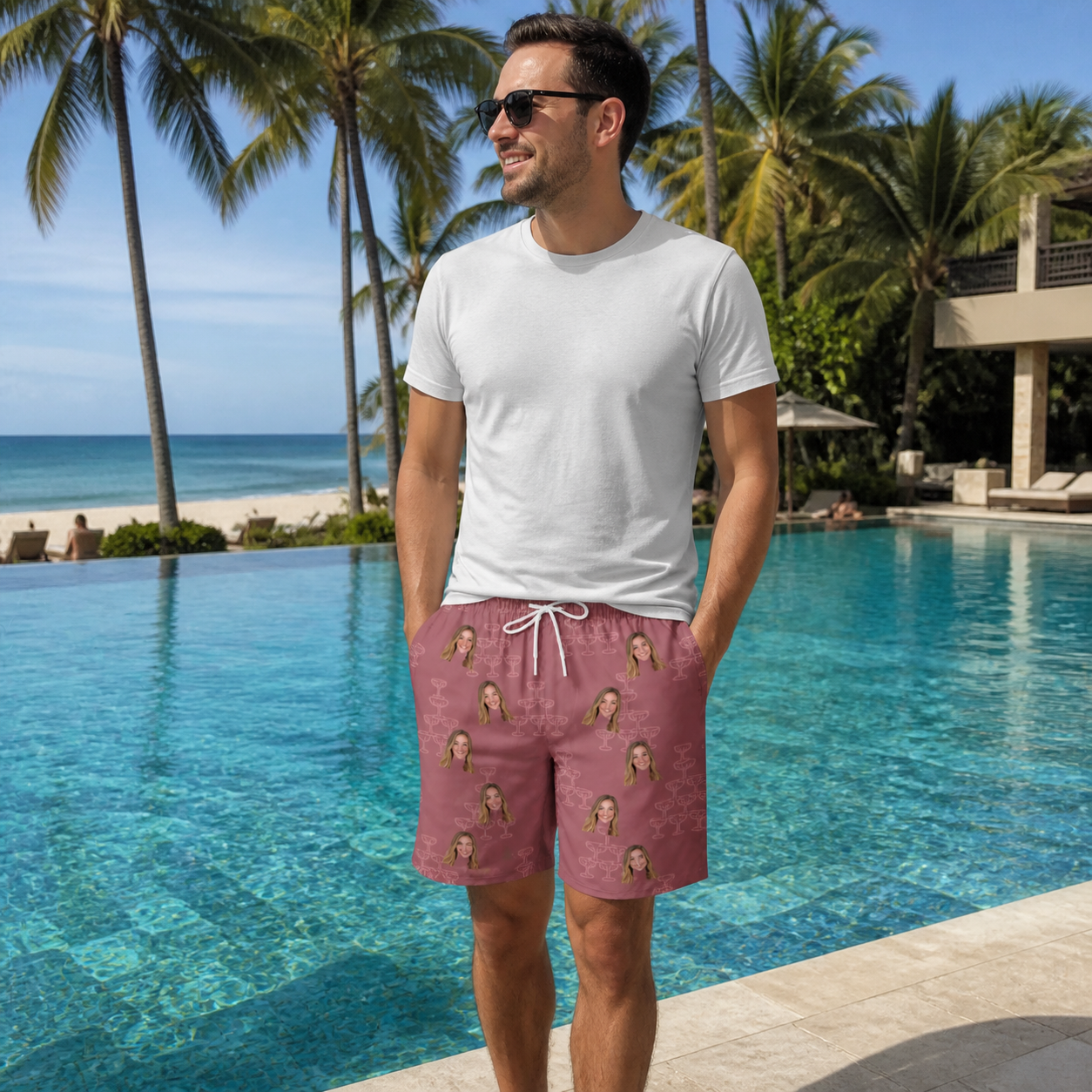 Real-life photo of someone wearing Men's Marrytime Mimosas Custom Face Beach Shorts — custom faces printed all-over