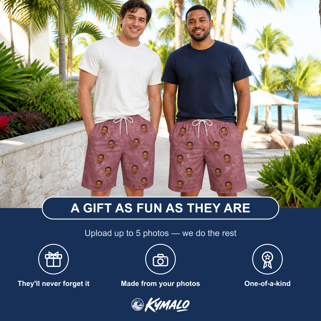 Friends in matching Men's Marrytime Mimosas Custom Face Beach Shorts — a group gift photo