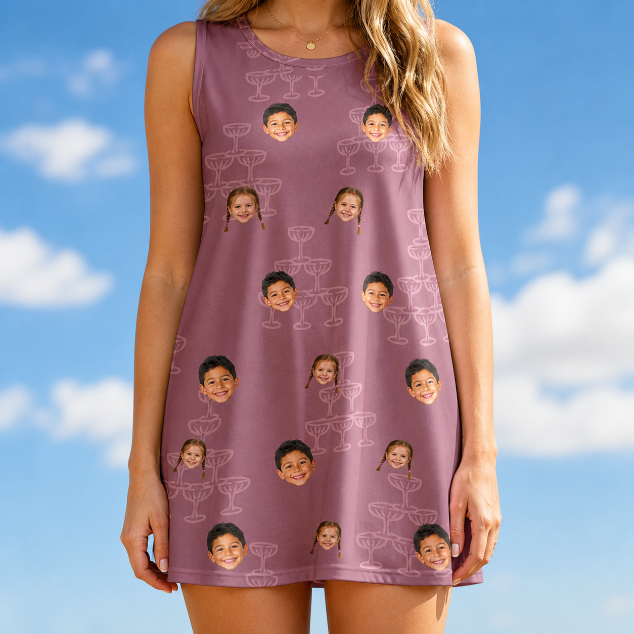 Model wearing Women's Marrytime Mimosas Custom Face Tank Dress printed with kids' faces