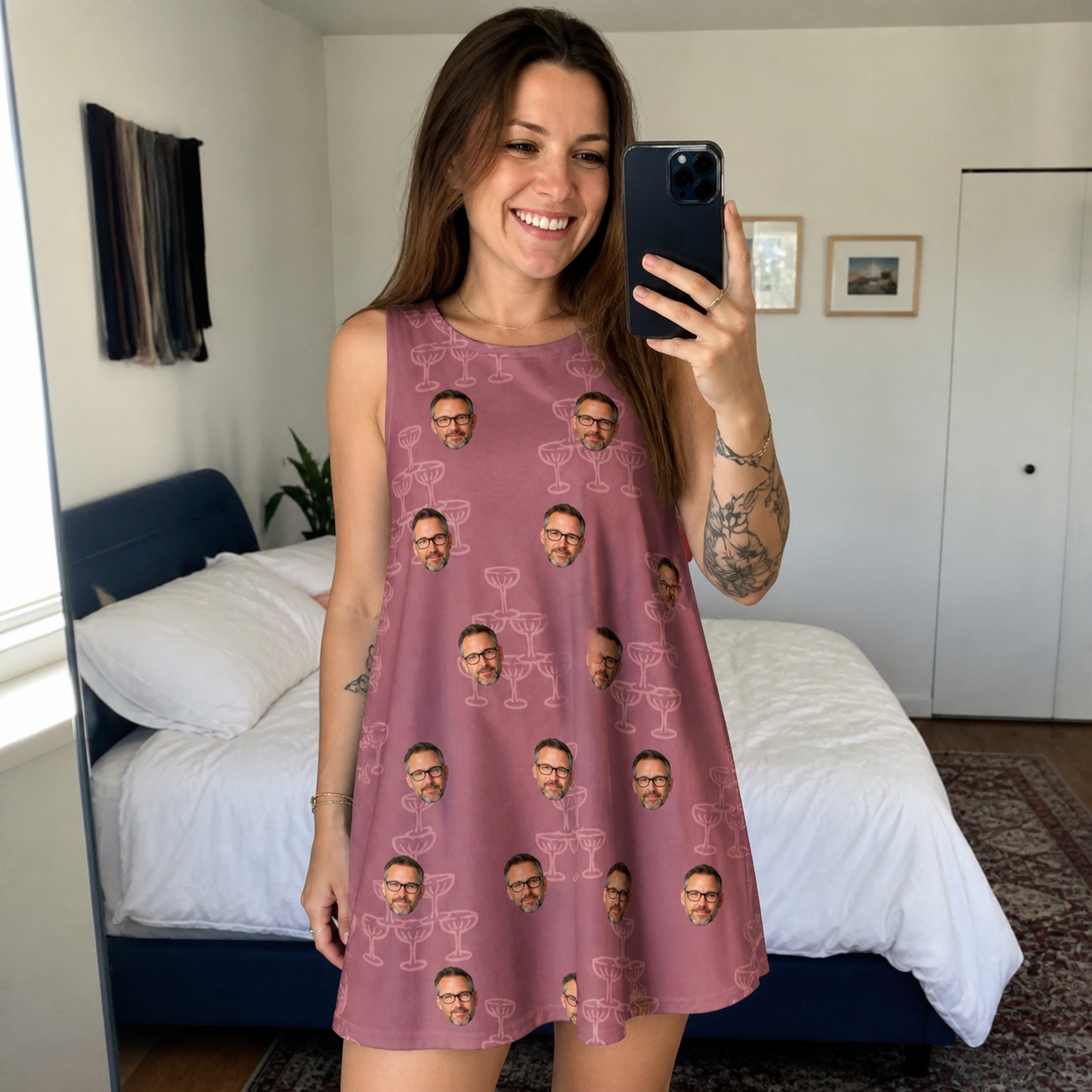 Real-life photo of someone wearing Women's Marrytime Mimosas Custom Face Tank Dress — custom faces printed all-over