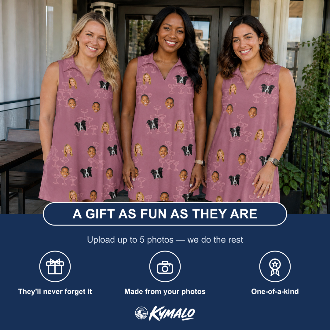 Friends in matching Women's Marrytime Mimosas Custom Face V-Neck Dress — a group gift photo