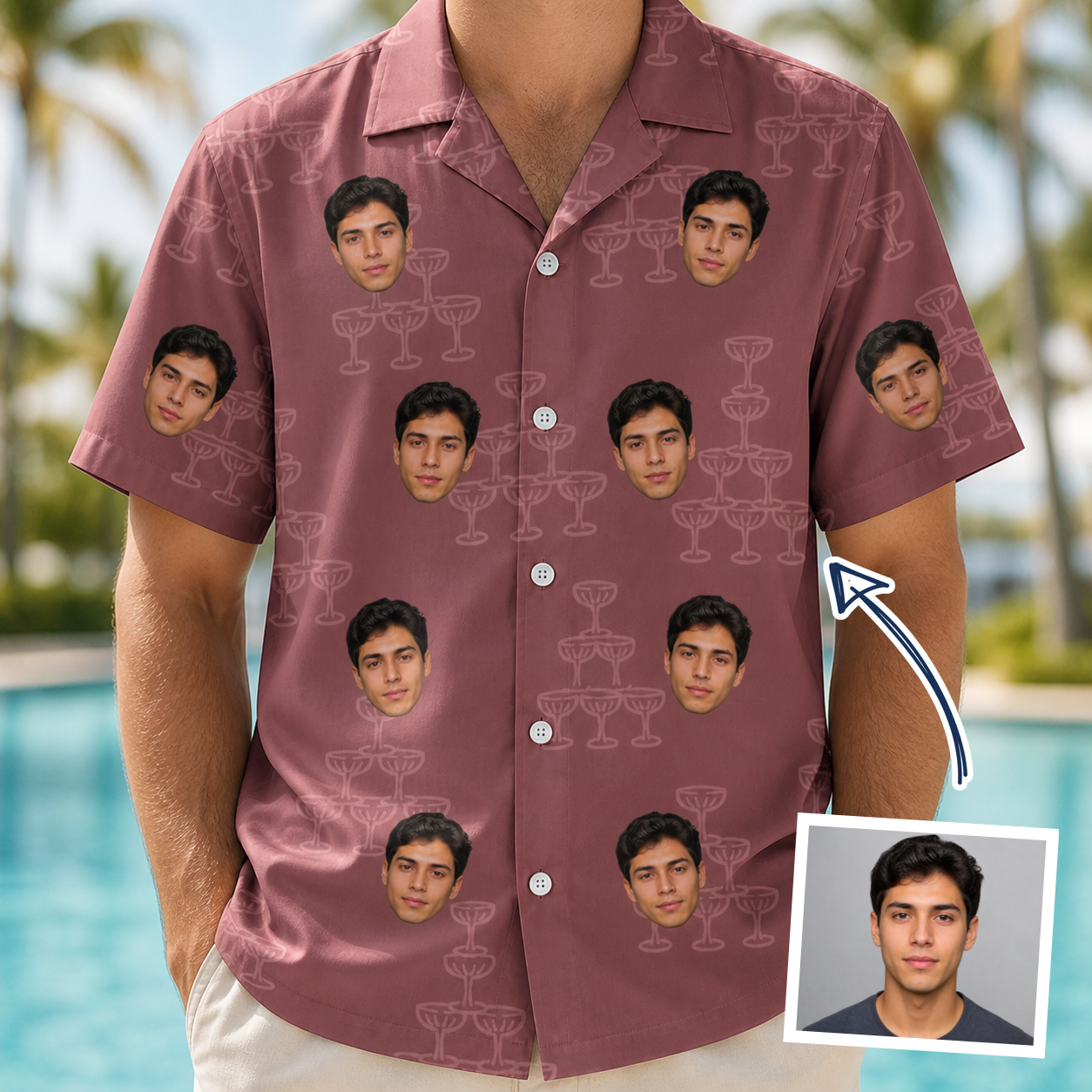 Man wearing Men's Marrytime Mimosas Custom Face Hawaiian Shirt — custom faces printed all-over