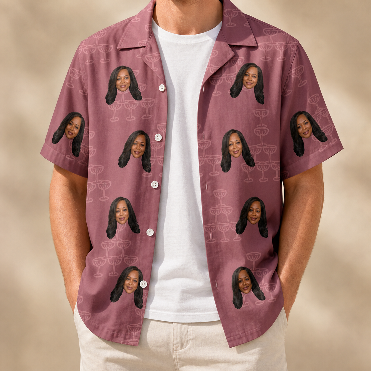 Man wearing Men's Marrytime Mimosas Custom Face Hawaiian Shirt open over a white tee