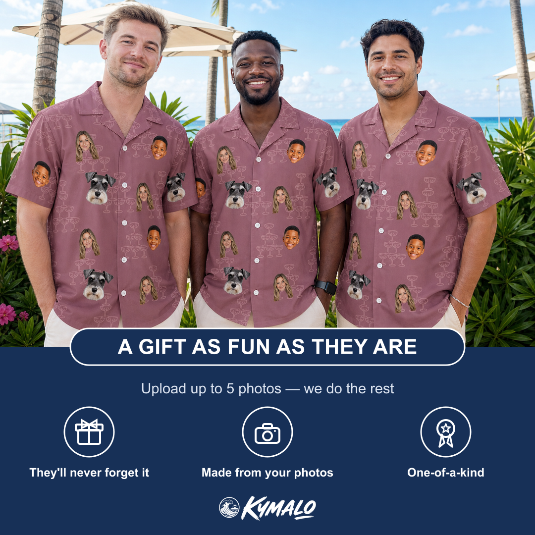 Friends in matching Men's Marrytime Mimosas Custom Face Hawaiian Shirt — a group gift photo