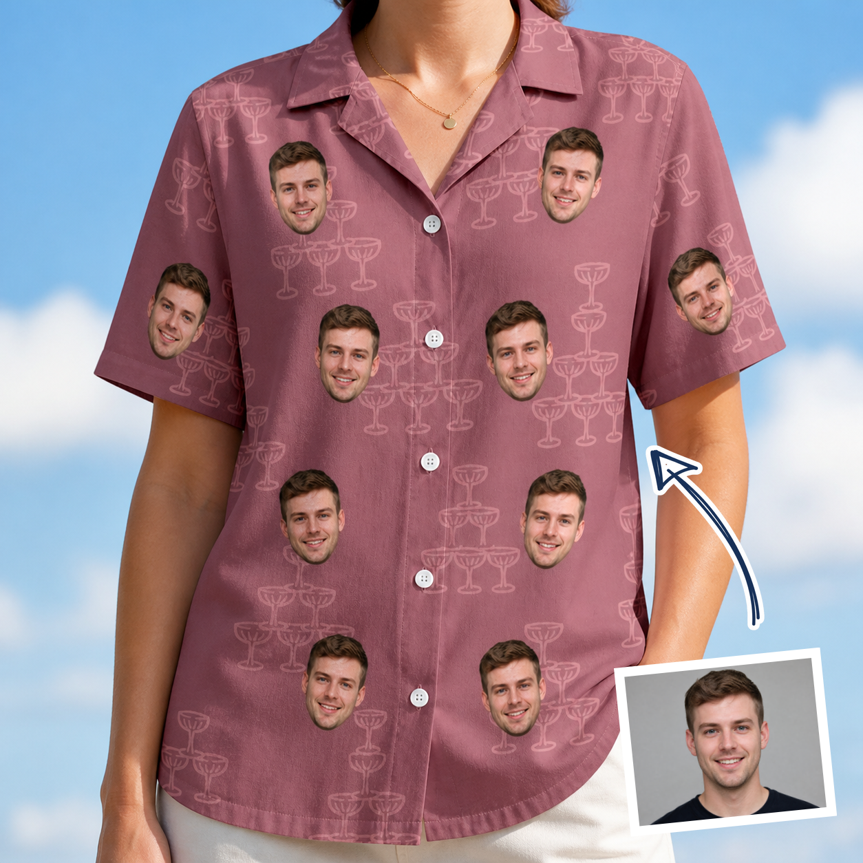Woman wearing Women's Marrytime Mimosas Custom Face Hawaiian Shirt — custom faces printed all-over