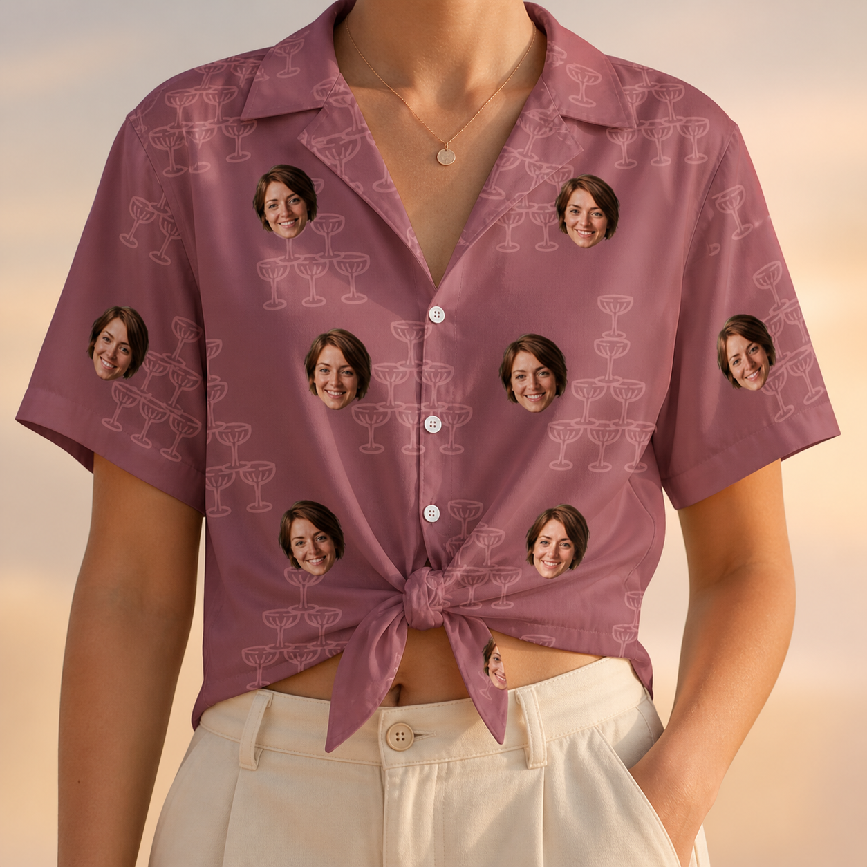 Woman wearing Women's Marrytime Mimosas Custom Face Hawaiian Shirt tied at the waist