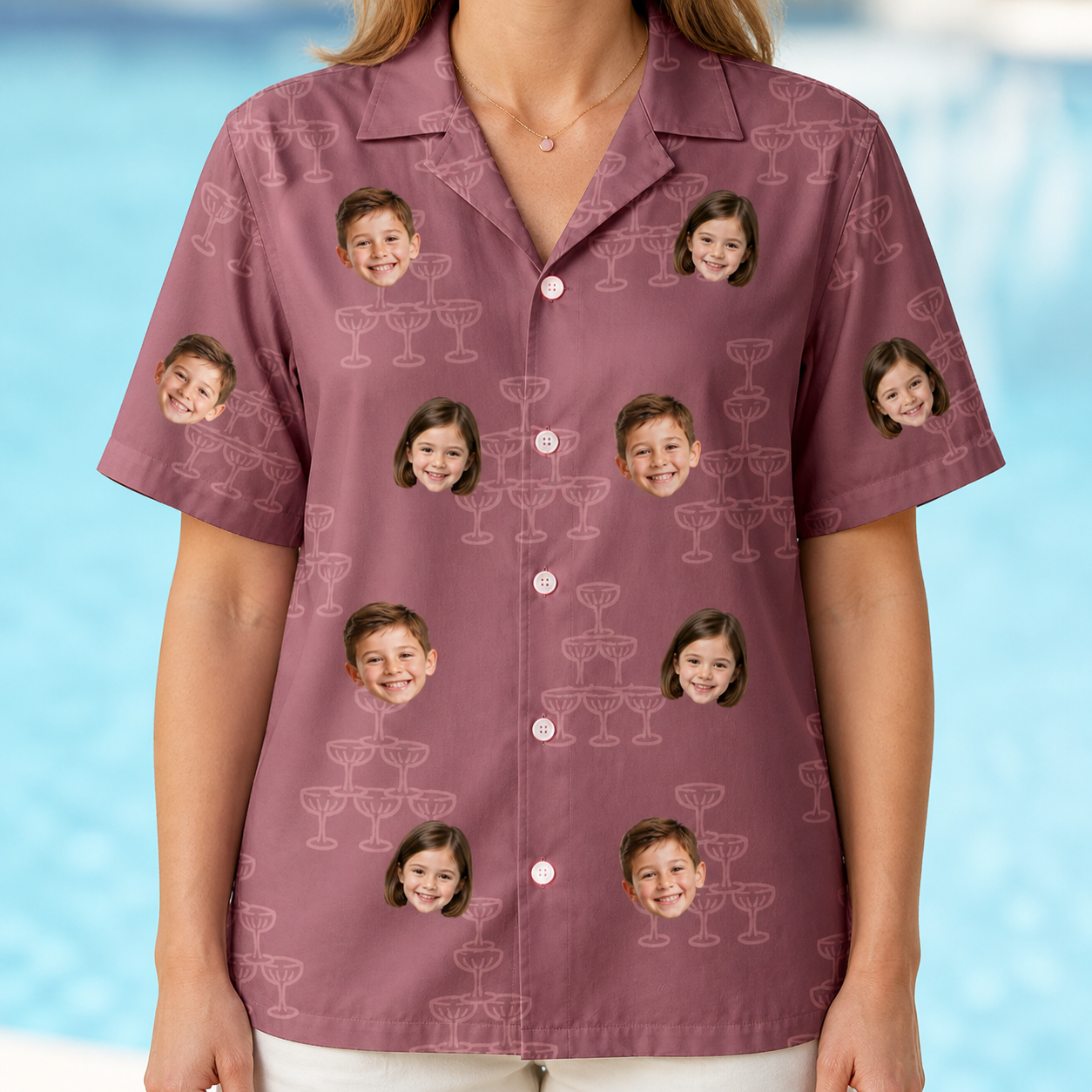 Model wearing Women's Marrytime Mimosas Custom Face Hawaiian Shirt printed with kids' faces