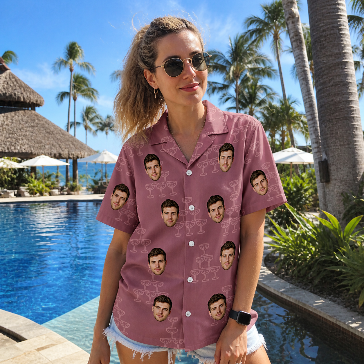 Real-life photo of someone wearing Women's Marrytime Mimosas Custom Face Hawaiian Shirt — custom faces printed all-over
