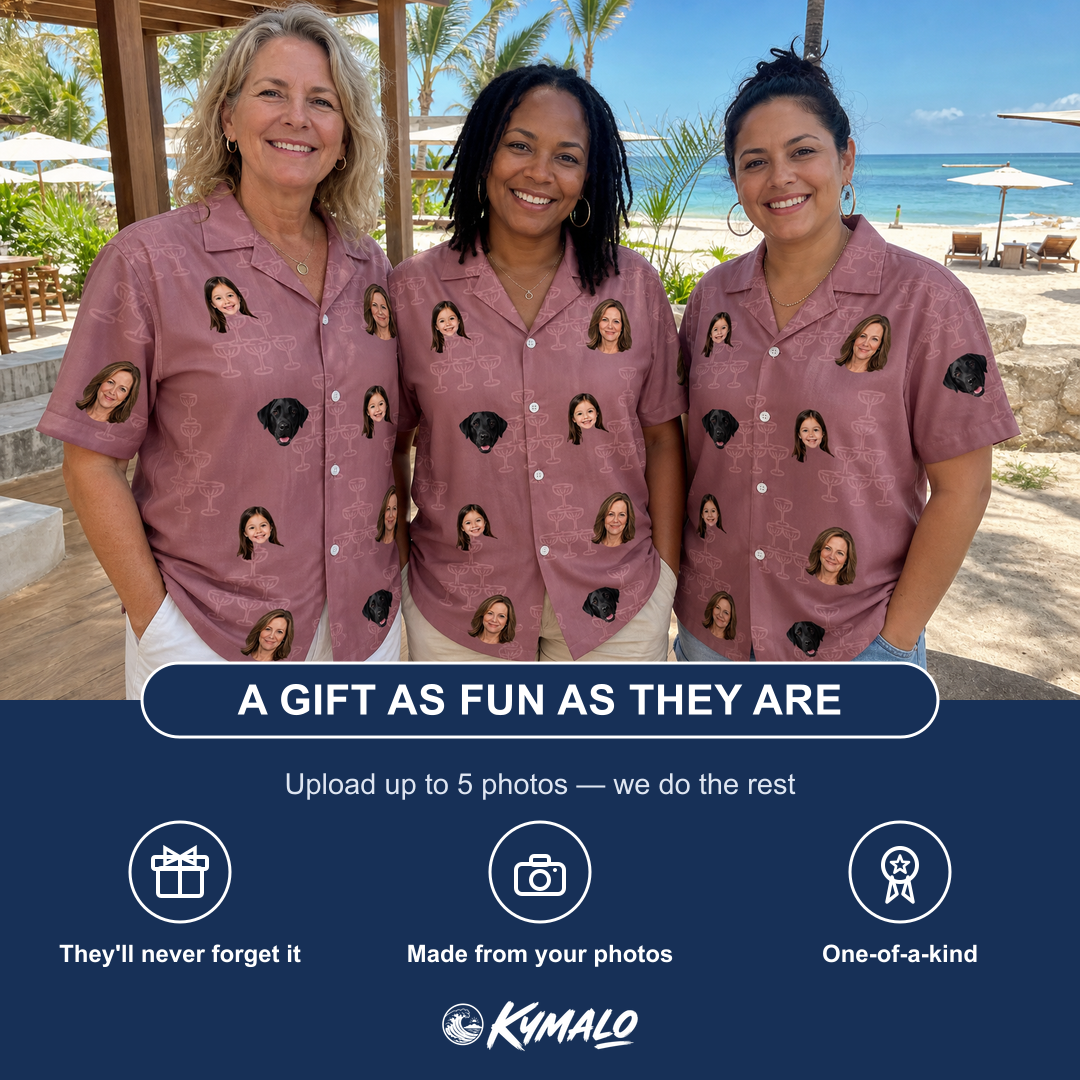 Friends in matching Women's Marrytime Mimosas Custom Face Hawaiian Shirt — a group gift photo