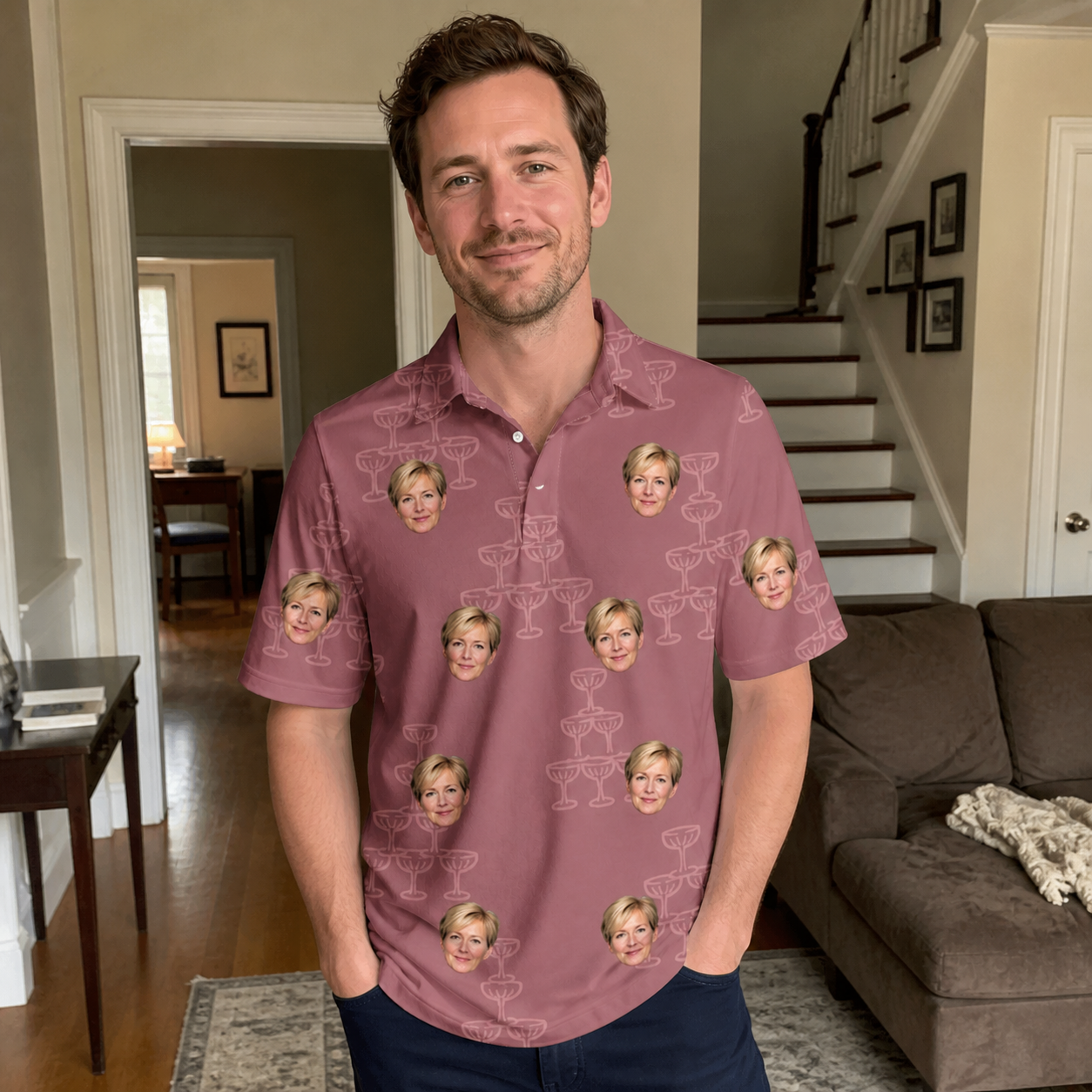 Real-life photo of someone wearing Men's Marrytime Mimosas Custom Face Polo Shirt — custom faces printed all-over