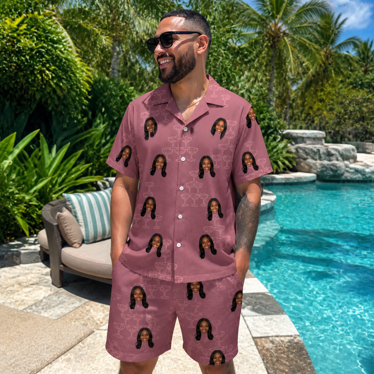 Real-life photo of someone wearing Men's Marrytime Mimosas Custom Face Shirt & Shorts Set — custom faces printed all-over