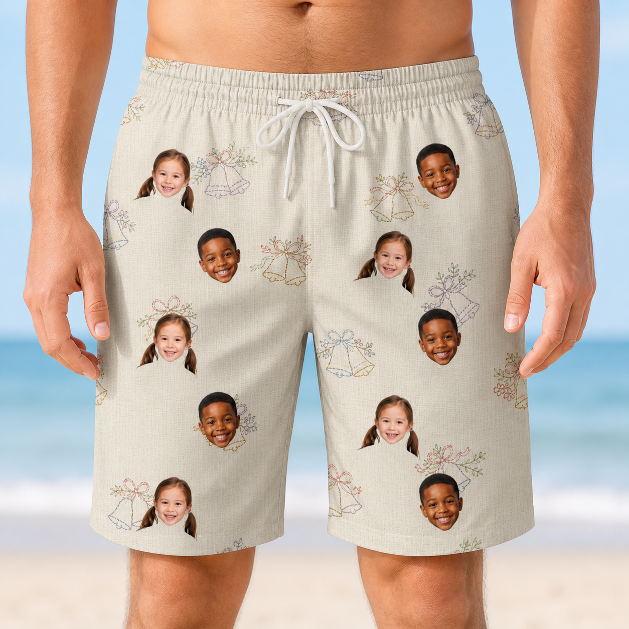 Model wearing Men's Tolling Tides Custom Face Beach Shorts printed with kids' faces