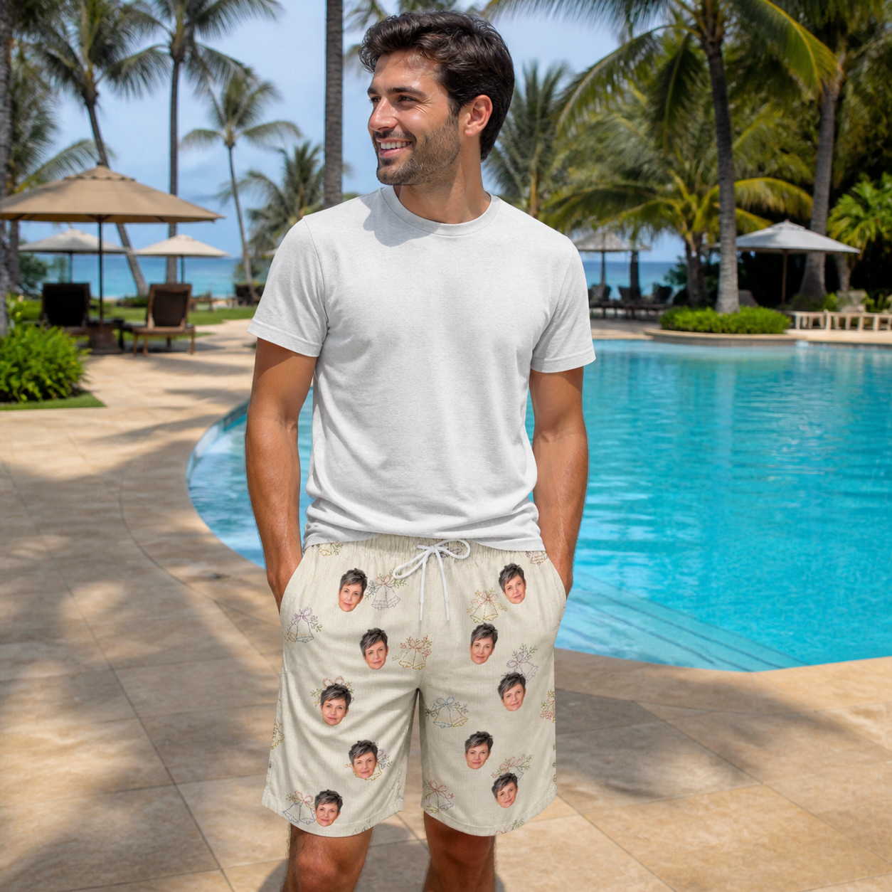 Real-life photo of someone wearing Men's Tolling Tides Custom Face Beach Shorts — custom faces printed all-over