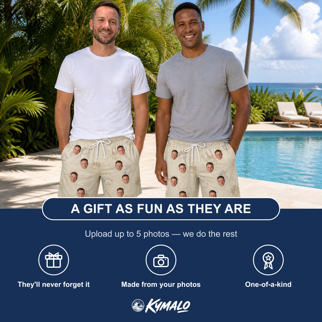 Friends in matching Men's Tolling Tides Custom Face Beach Shorts — a group gift photo