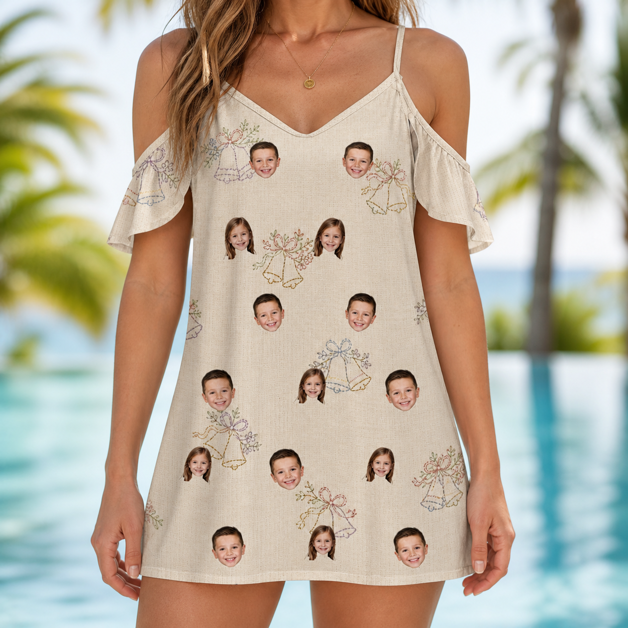 Model wearing Women's Tolling Tides Custom Face Off-Shoulder Dress printed with kids' faces