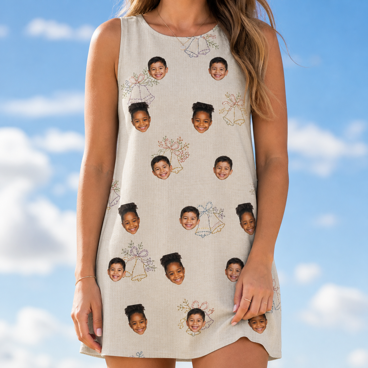 Model wearing Women's Tolling Tides Custom Face Tank Dress printed with kids' faces