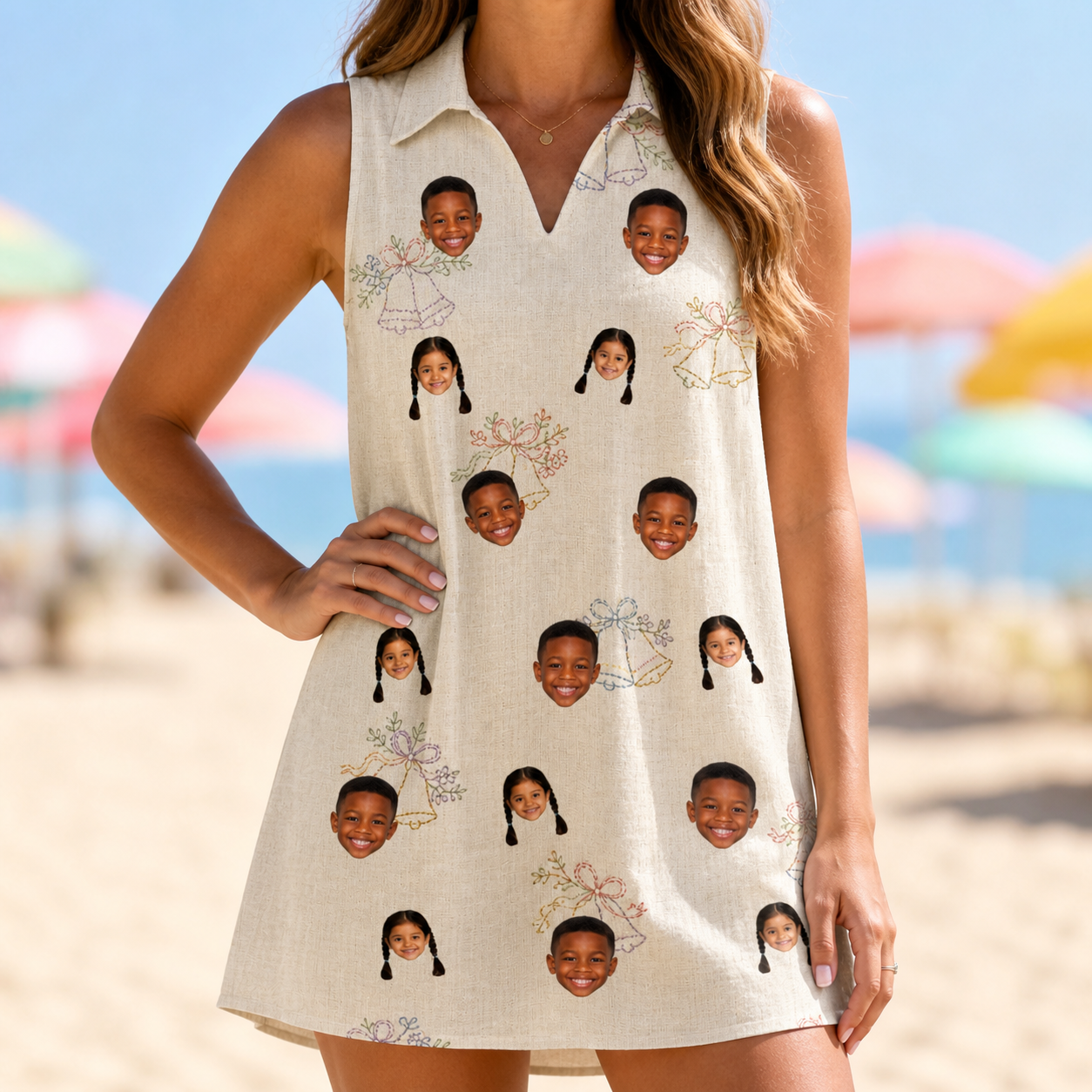 Model wearing Women's Tolling Tides Custom Face V-Neck Dress printed with kids' faces