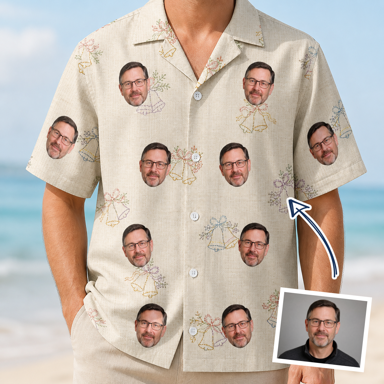 Man wearing Men's Tolling Tides Custom Face Hawaiian Shirt — custom faces printed all-over