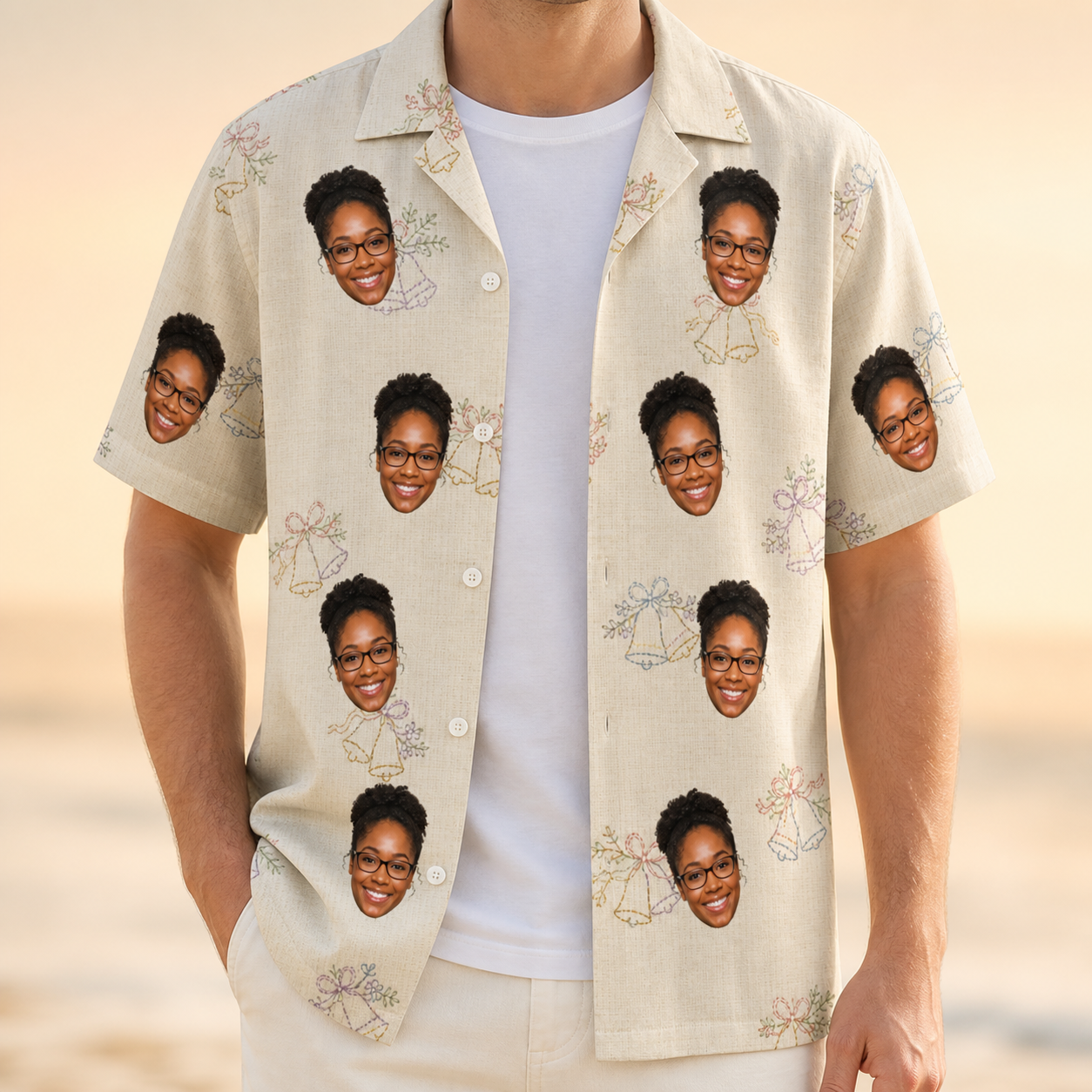 Man wearing Men's Tolling Tides Custom Face Hawaiian Shirt open over a white tee