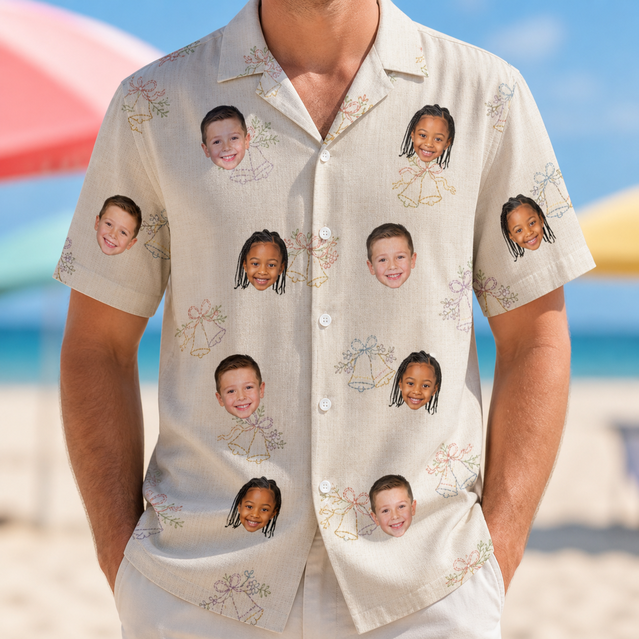 Model wearing Men's Tolling Tides Custom Face Hawaiian Shirt printed with kids' faces