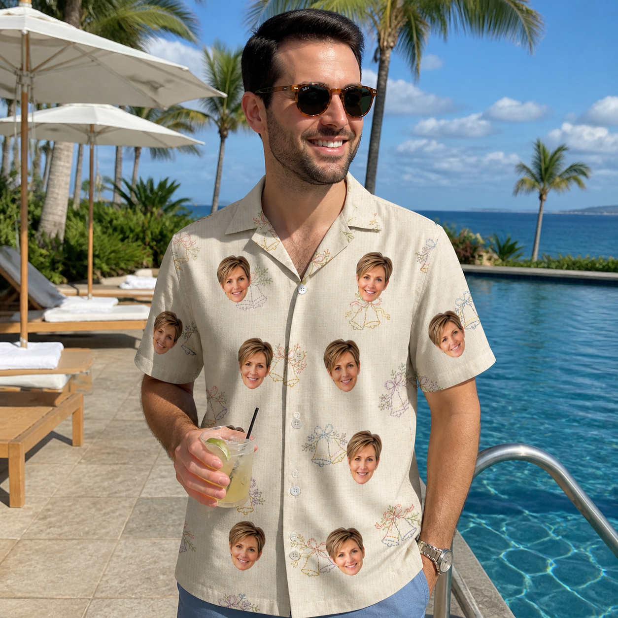 Real-life photo of someone wearing Men's Tolling Tides Custom Face Hawaiian Shirt — custom faces printed all-over