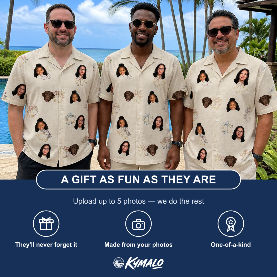 Friends in matching Men's Tolling Tides Custom Face Hawaiian Shirt — a group gift photo