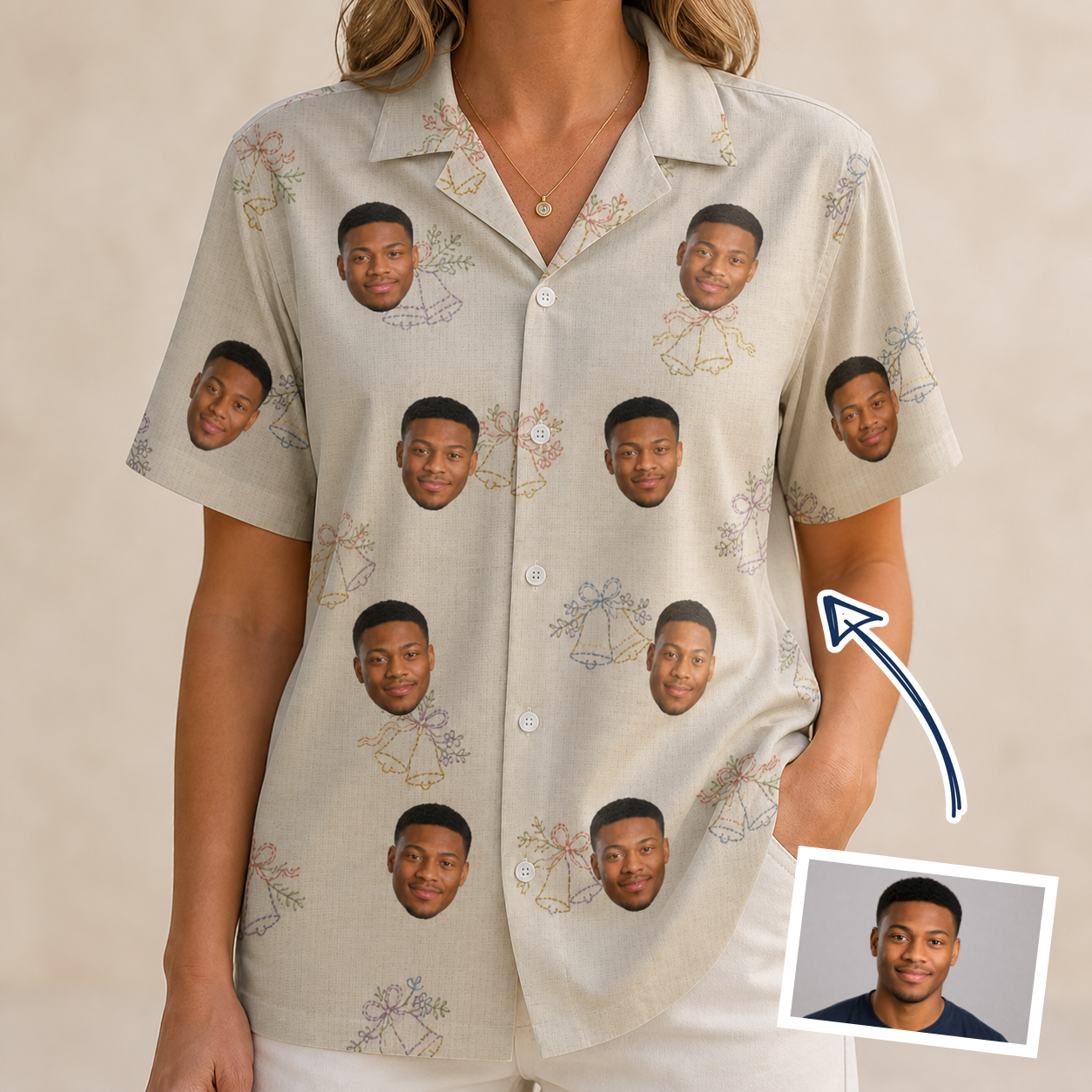 Woman wearing Women's Tolling Tides Custom Face Hawaiian Shirt — custom faces printed all-over