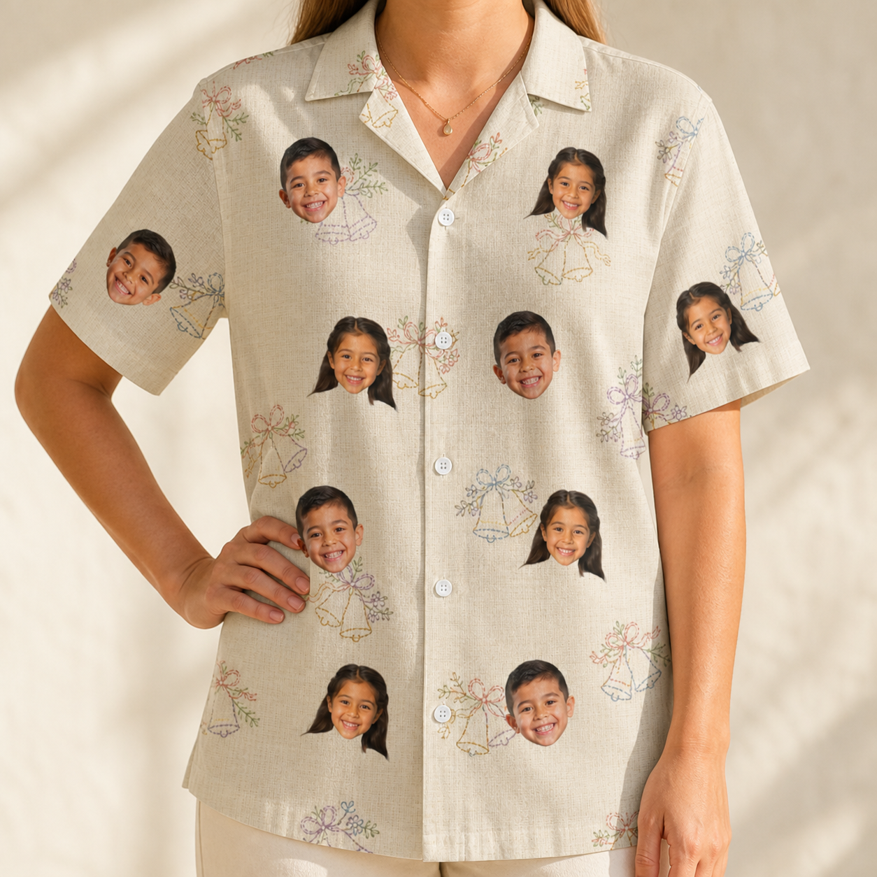 Model wearing Women's Tolling Tides Custom Face Hawaiian Shirt printed with kids' faces