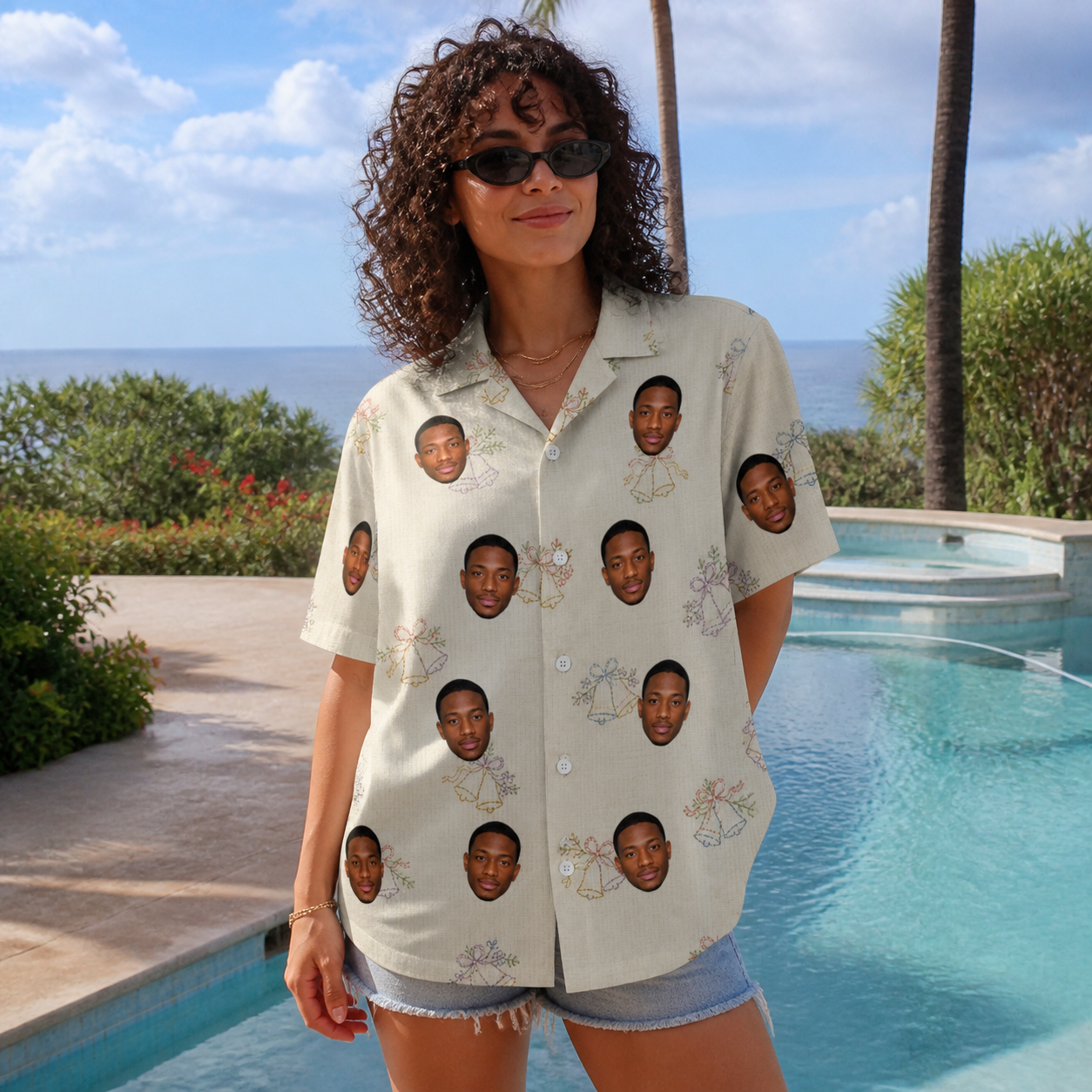 Real-life photo of someone wearing Women's Tolling Tides Custom Face Hawaiian Shirt — custom faces printed all-over