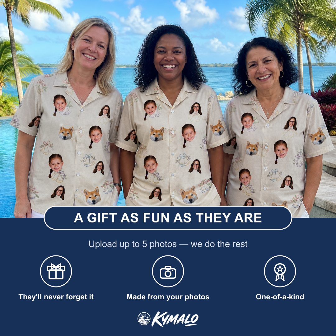 Friends in matching Women's Tolling Tides Custom Face Hawaiian Shirt — a group gift photo