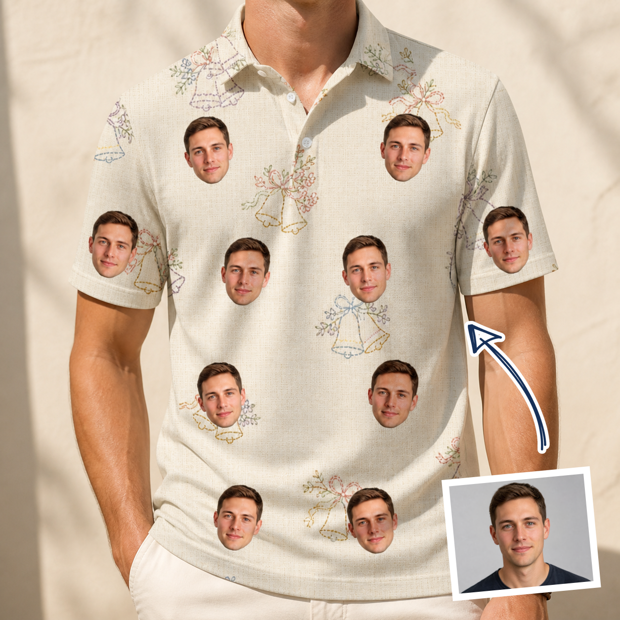 Man wearing Men's Tolling Tides Custom Face Polo Shirt — custom faces printed all-over