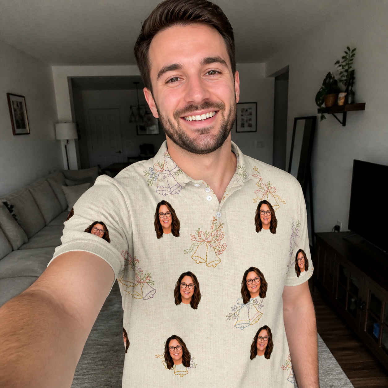 Real-life photo of someone wearing Men's Tolling Tides Custom Face Polo Shirt — custom faces printed all-over