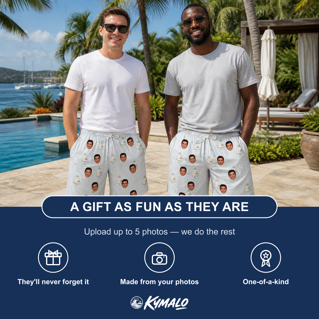 Friends in matching Men's Mermaid Meringue Custom Face Beach Shorts — a group gift photo