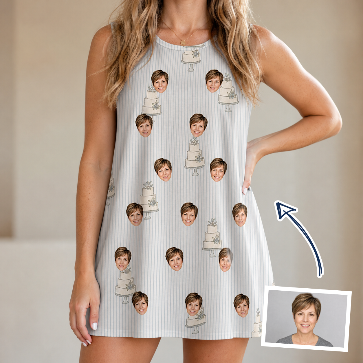 Woman wearing Women's Mermaid Meringue Custom Face Tank Dress — custom faces printed all-over