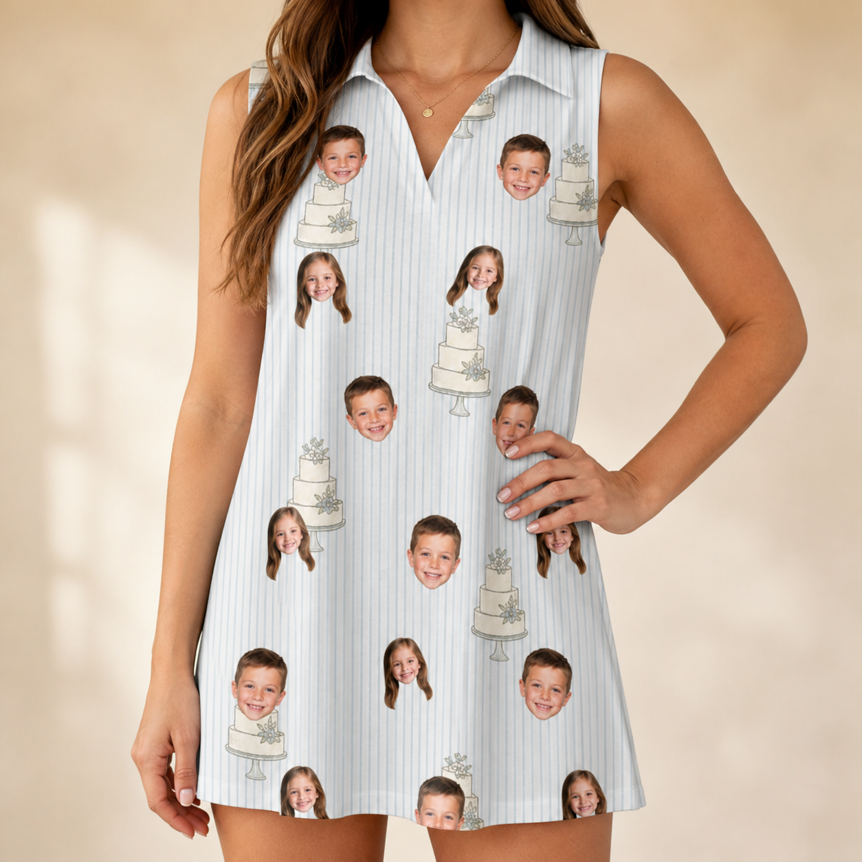 Model wearing Women's Mermaid Meringue Custom Face V-Neck Dress printed with kids' faces