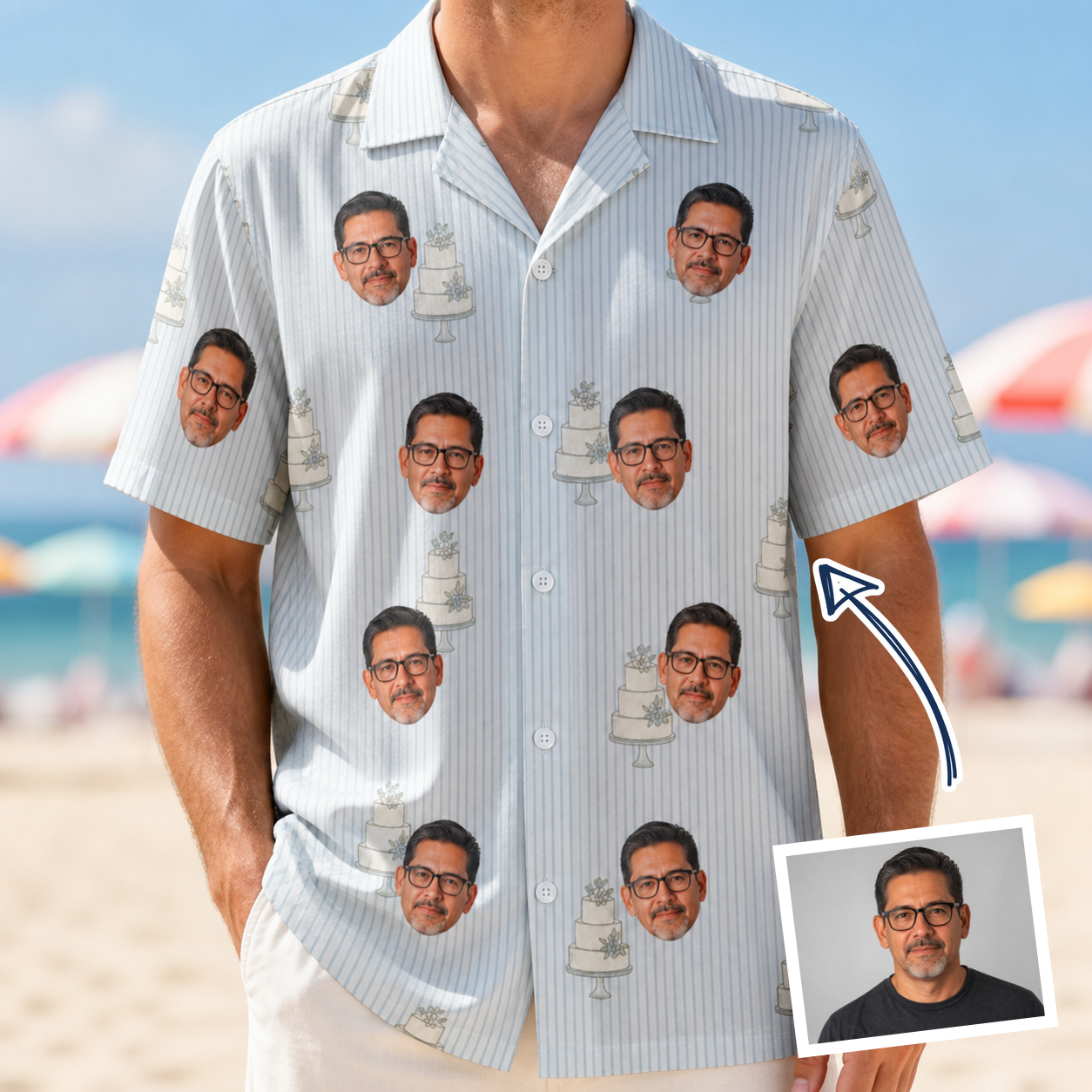 Man wearing Men's Mermaid Meringue Custom Face Hawaiian Shirt — custom faces printed all-over