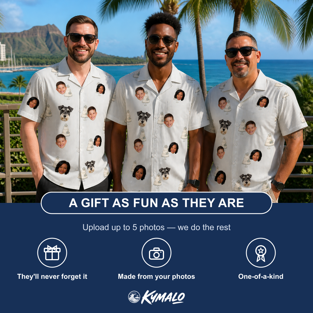 Friends in matching Men's Mermaid Meringue Custom Face Hawaiian Shirt — a group gift photo